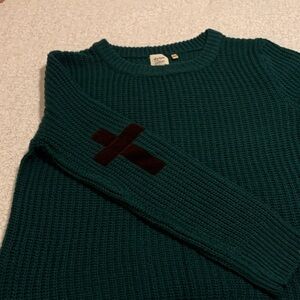 Dylan. Teal Sweater with Velvet Elbow Cross Patches